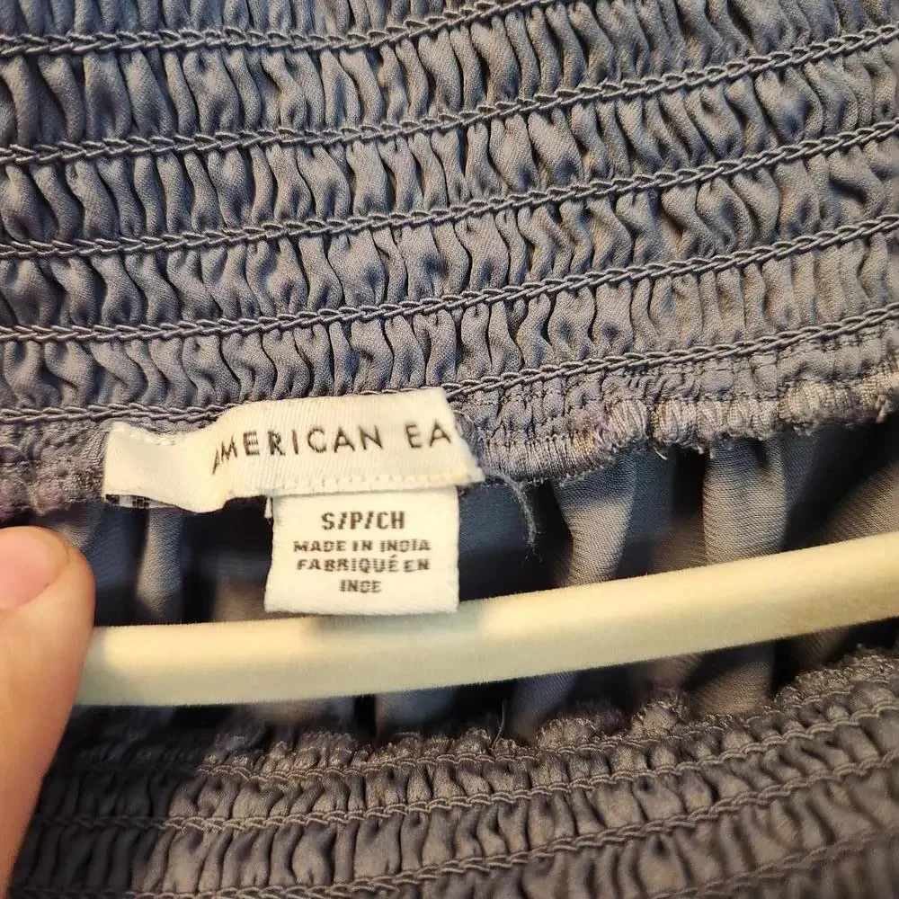 American Eagle Smocked Off-The-Shoulder Satin Top - Dusty Blue- Size Small - Picture 2 of 8